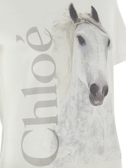 T-Shirt by Chloé for women in organic cotton denim white & print showcases a chic silhouette, artfully detailed with a chic and for a chic finish.