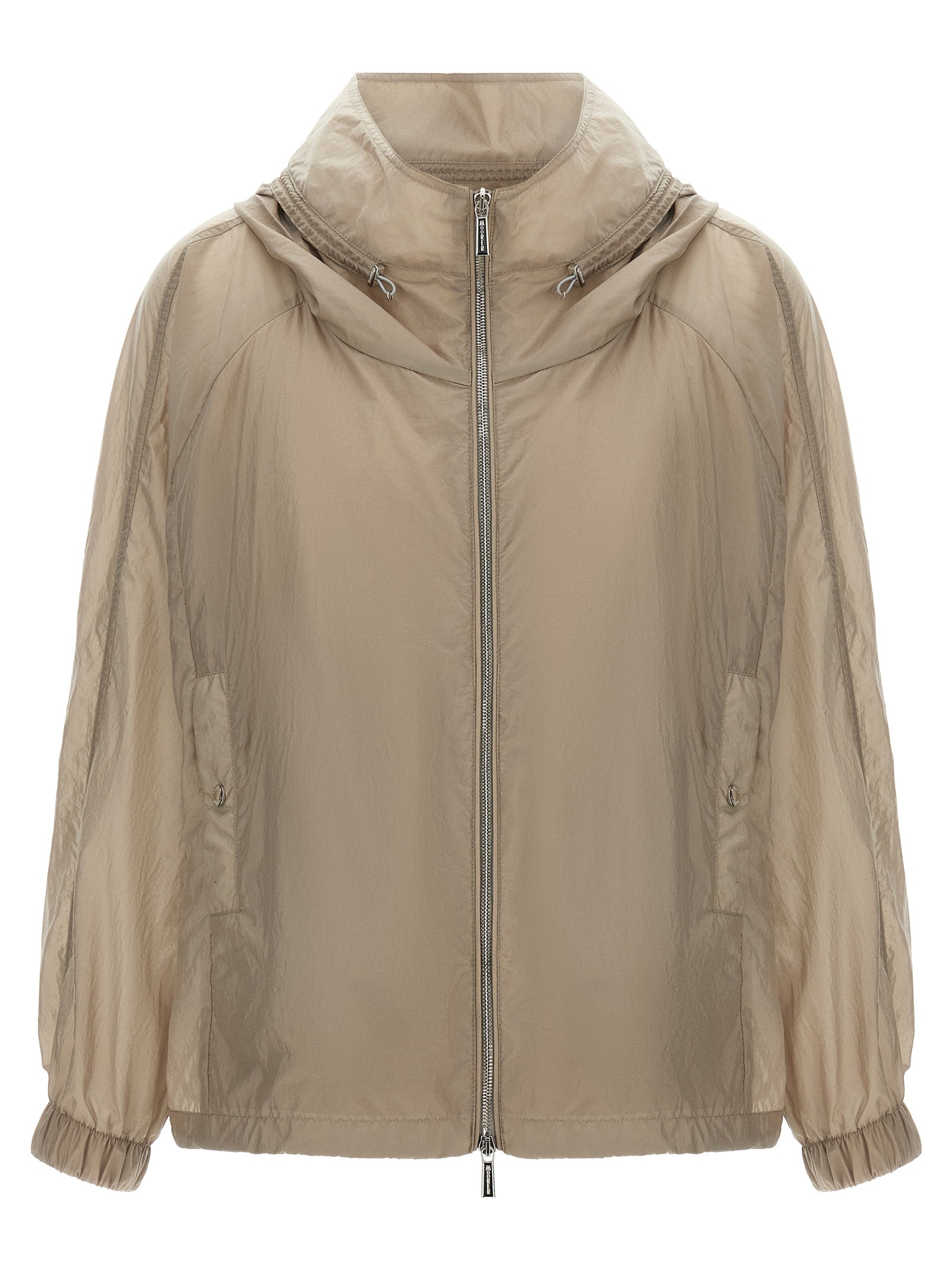 Hooded Windbreaker Jacket by MooRER for women in polyester beige showcases a urban chic silhouette, detailed with a urban chic hooded high-neck neckline and functional pockets, hooded & windproof for a polished finish.