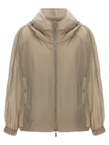 Hooded Windbreaker Jacket by MooRER for women in polyester beige showcases a urban chic silhouette, detailed with a urban chic hooded high-neck neckline and functional pockets, hooded & windproof for a polished finish.