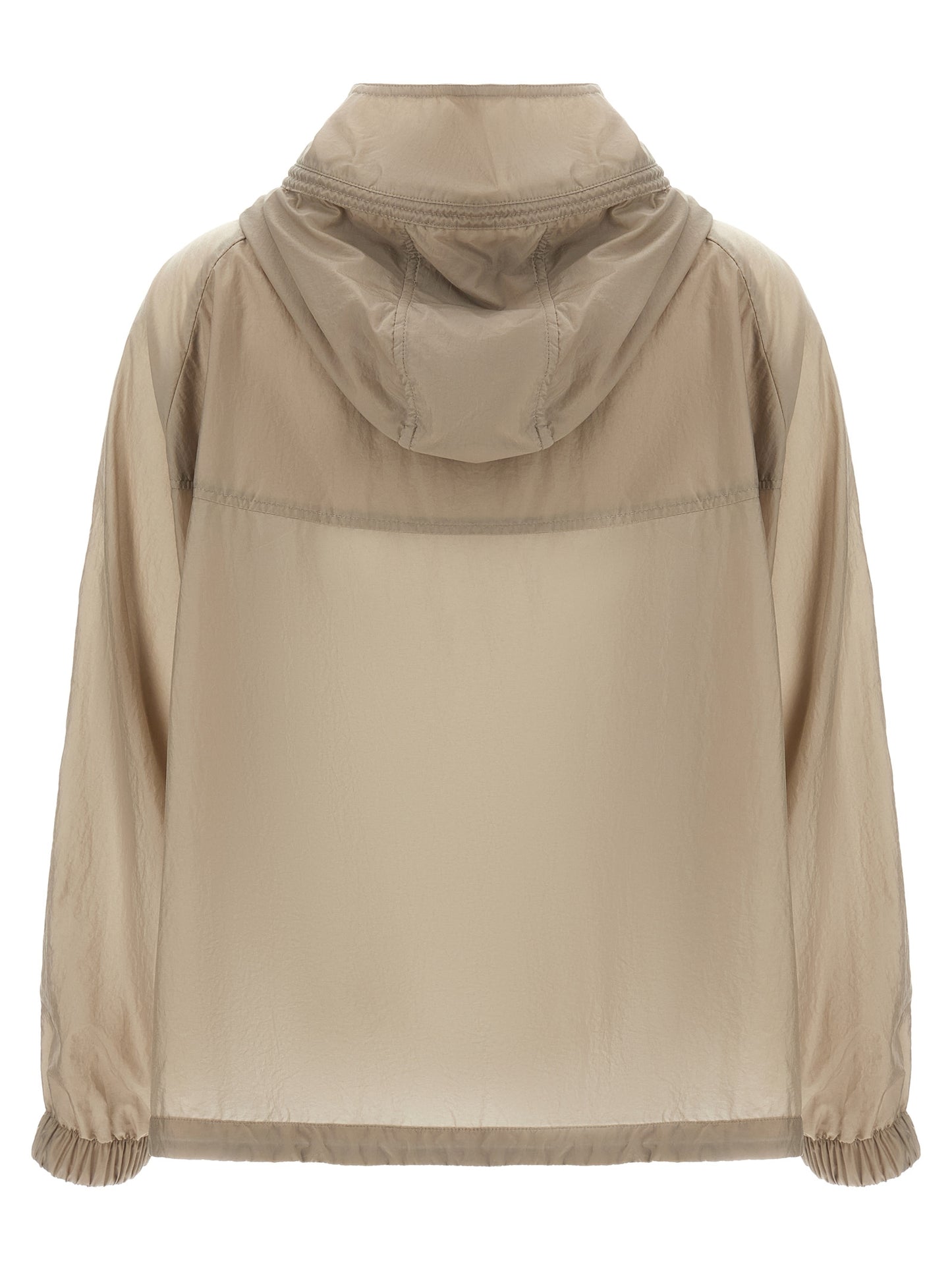 Hooded Windbreaker Jacket by MooRER for women in polyester beige features an perennial silhouette with a refined hooded high-neck neckline and perennial pockets, hooded & windproof for a sophisticated weather-resistant look.