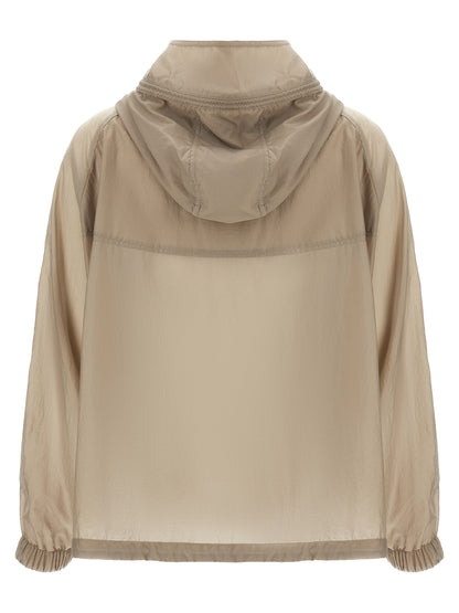 Hooded Windbreaker Jacket by MooRER for women in polyester beige features an perennial silhouette with a refined hooded high-neck neckline and perennial pockets, hooded & windproof for a sophisticated weather-resistant look.