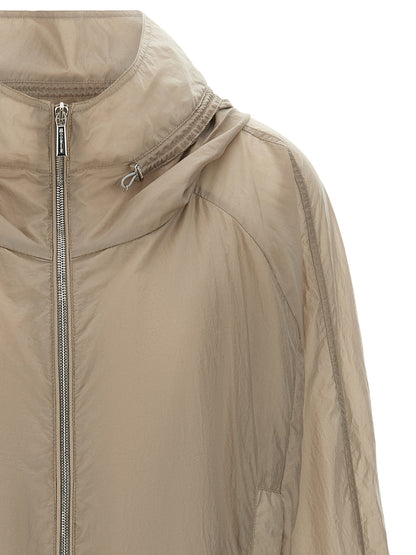 Hooded Windbreaker Jacket by MooRER for women in polyester beige features an stylish silhouette, showcasing a sophisticated hooded high-neck neckline and performance-driven pockets, hooded & windproof for a premium, stylish look.