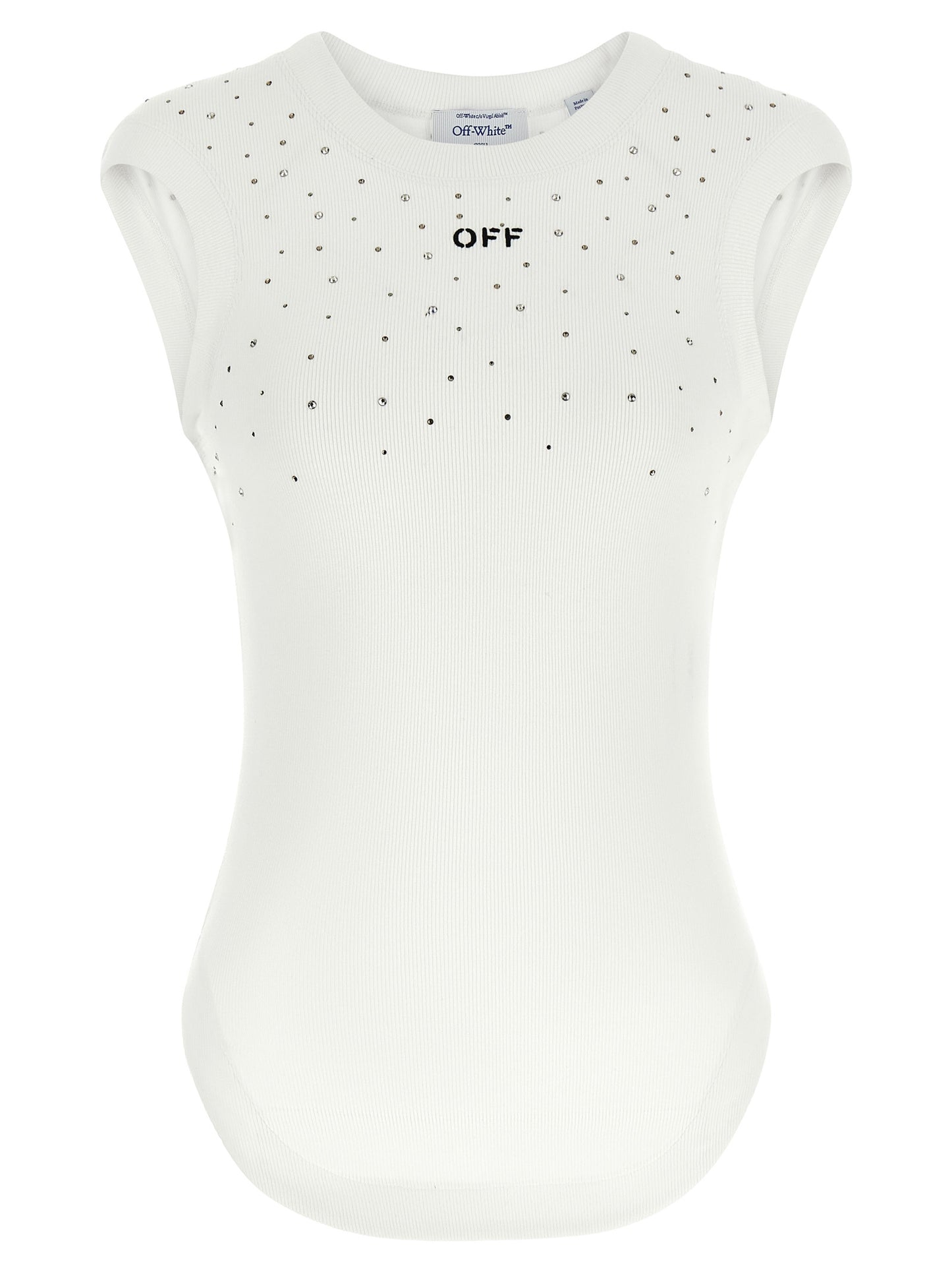 T-Shirt by Off-White for women in stretch viscose white features an edgy silhouette, meticulously detailed with a sophisticated sleeveless and crew neckline for a truly edgy finish.