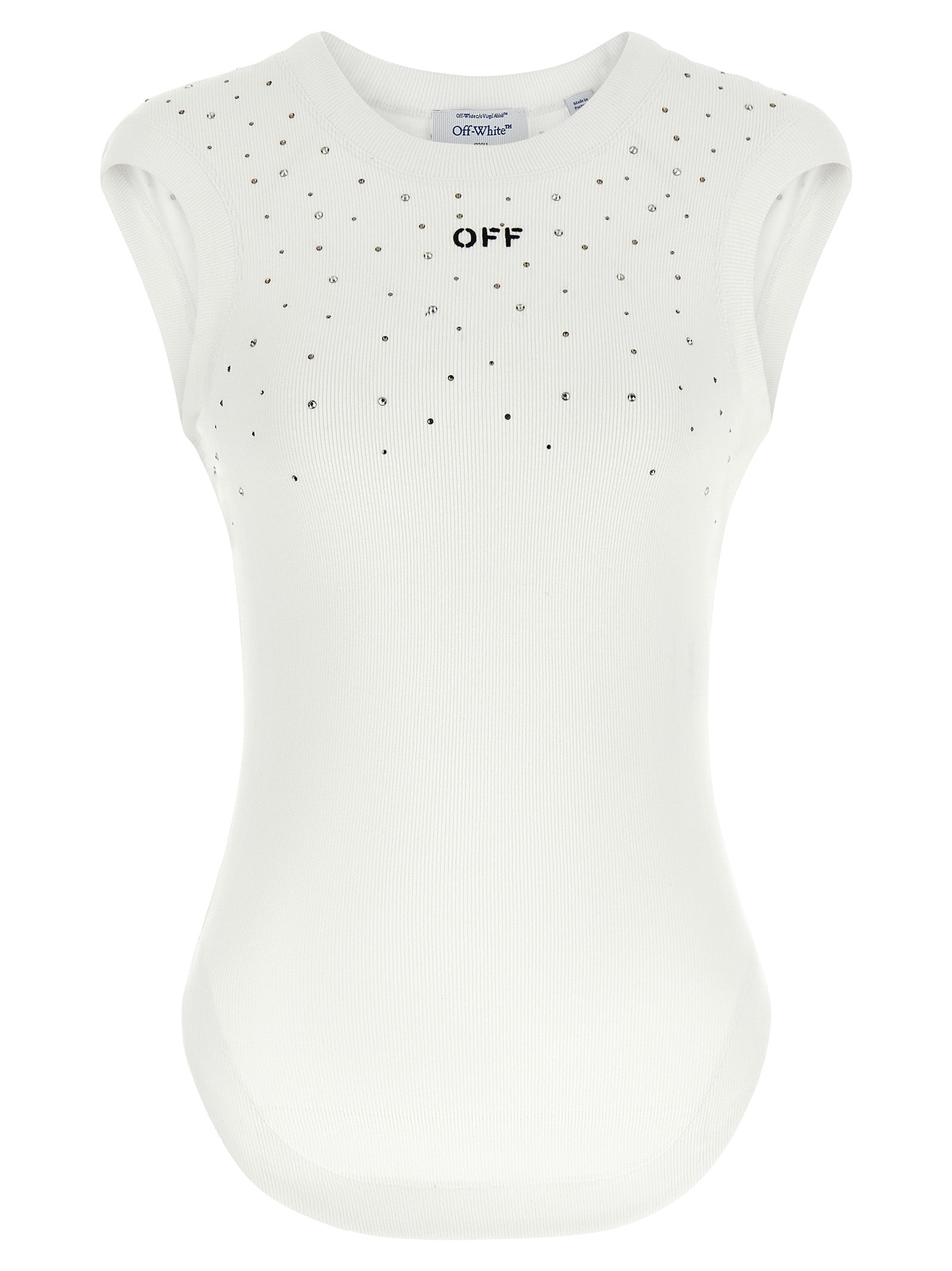 T-Shirt by Off-White for women in stretch viscose white features an edgy silhouette, meticulously detailed with a sophisticated sleeveless and crew neckline for a truly edgy finish.