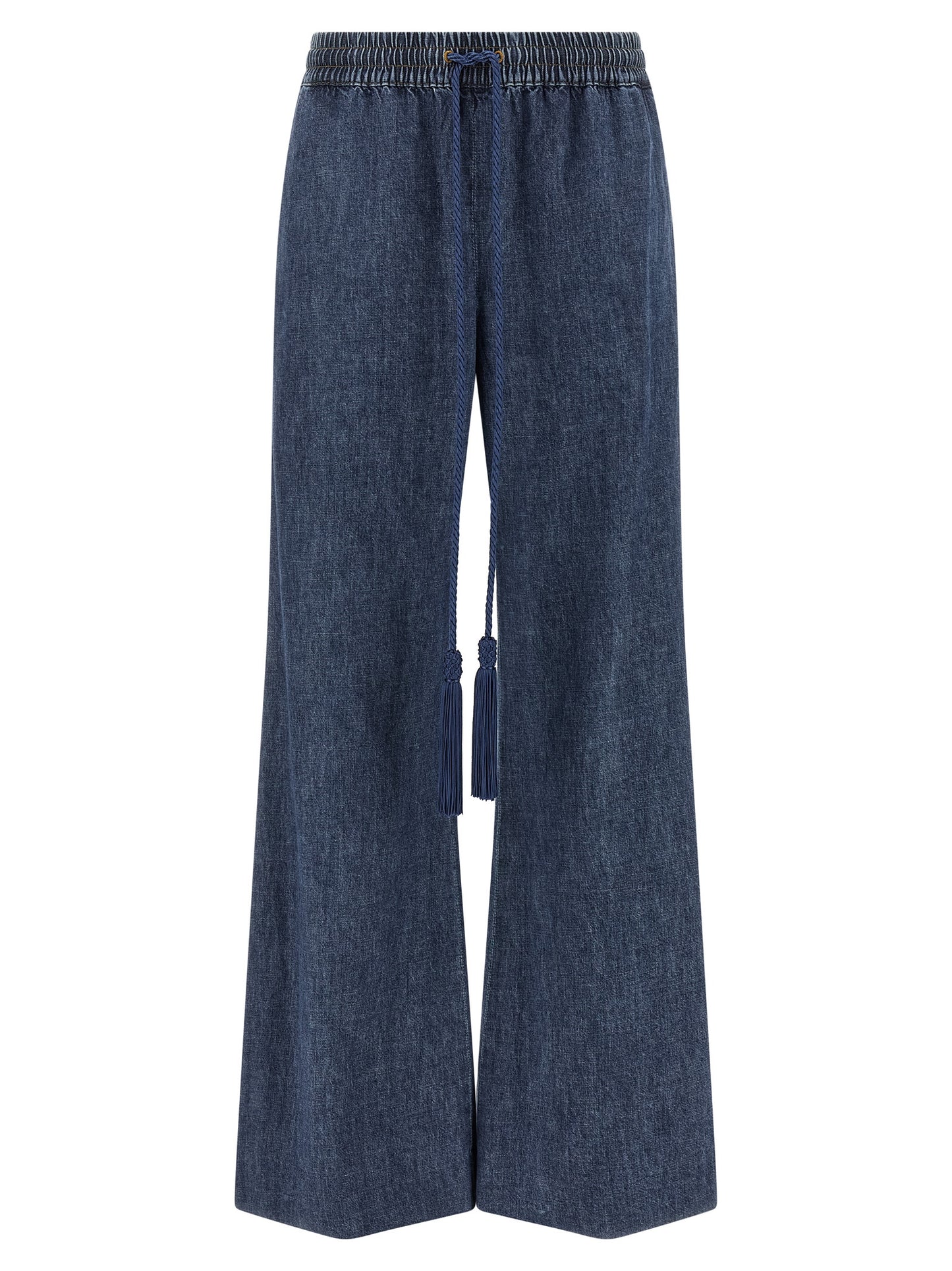 Jeans by Valentino Garavani for women in denim cotton blue features an sartorial flared & wide and long with a cut for a sartorial finish.