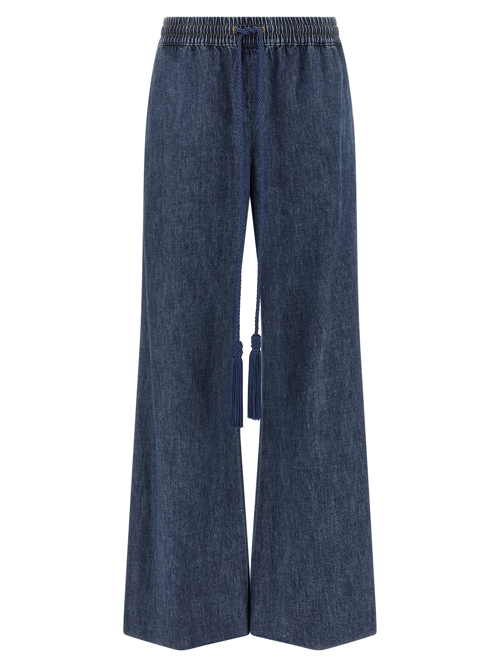 Jeans by Valentino Garavani for women in denim cotton blue features an sartorial flared & wide and long with a cut for a sartorial finish.