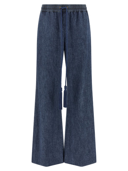 Jeans by Valentino Garavani for women in denim cotton blue features an sartorial flared & wide and long with a cut for a sartorial finish.