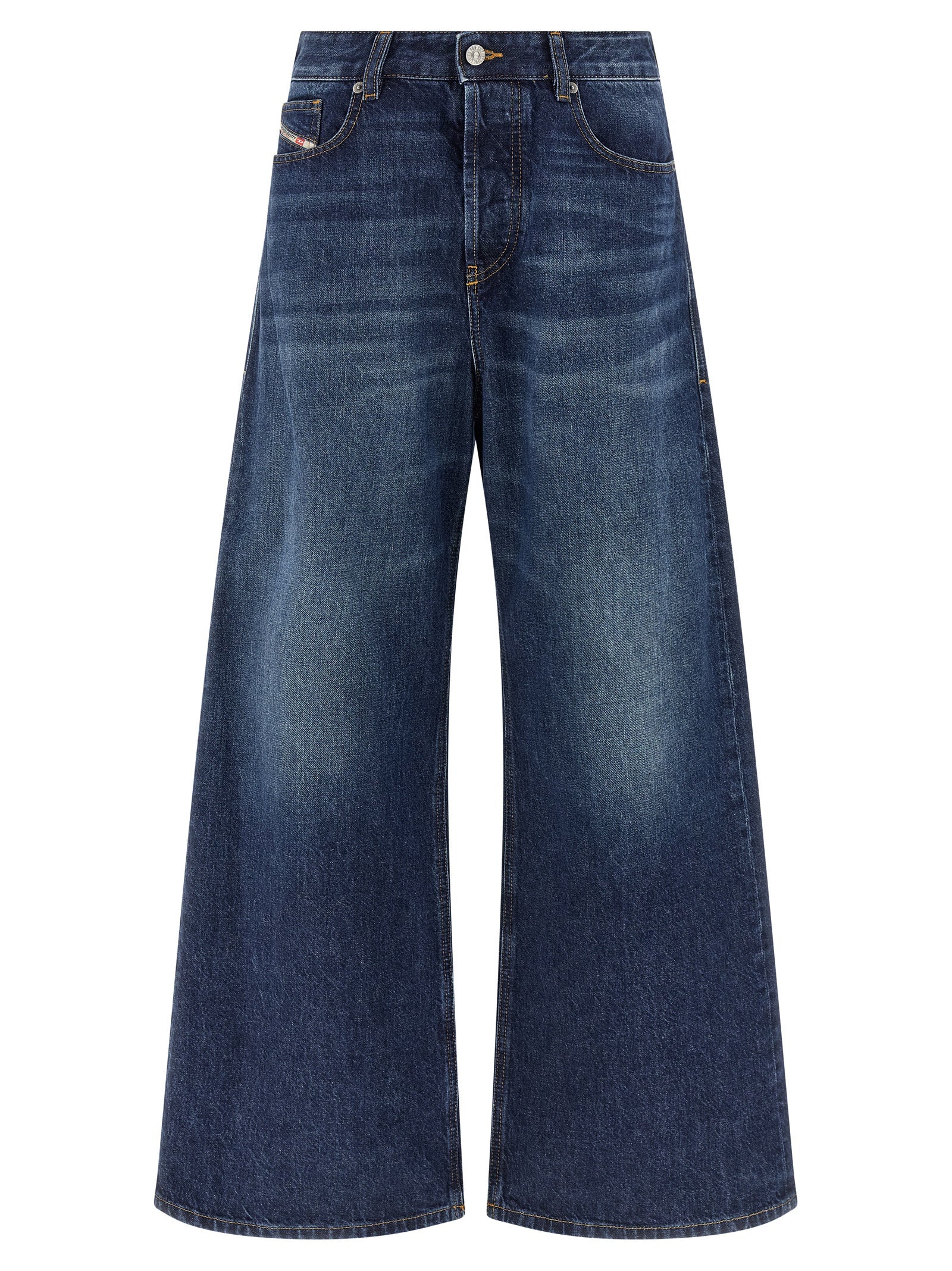 Jeans by Diesel for women in denim cotton blue features an sartorial wide and long with a low rise cut for a sartorial finish.