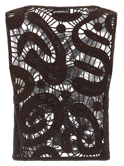 Blouse by PINKO for women in polyamide viscose brown & patterned showcases a sharp silhouette, elegantly detailed with a sharp crew neckline and sharp .
