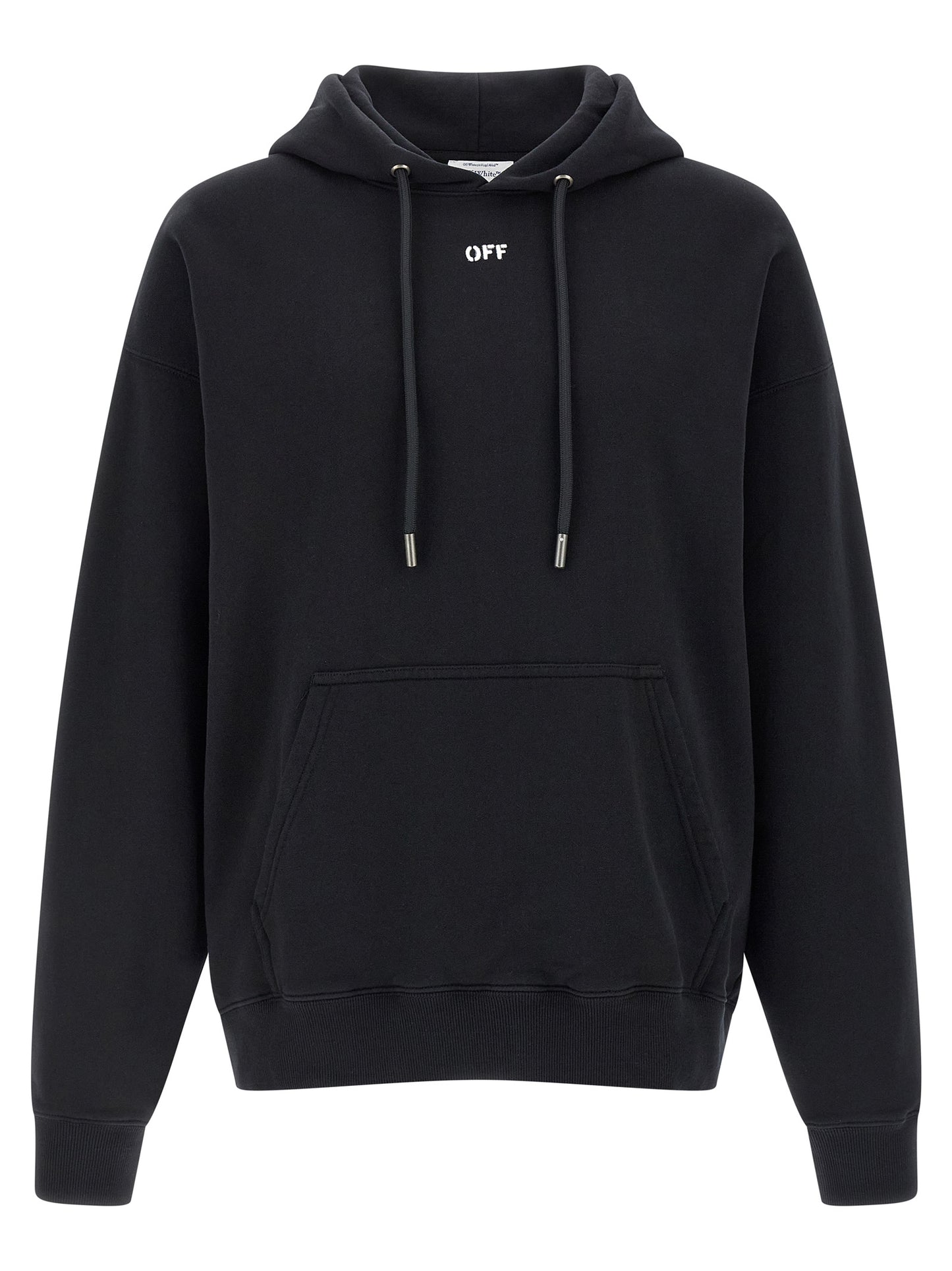 Sweatshirt Hoodie by Off-White for men in cotton black, white, signature & print features an dramatic silhouette, showcasing a sophisticated hooded neckline and dramatic long-sleeve for a refined, modern aesthetic.