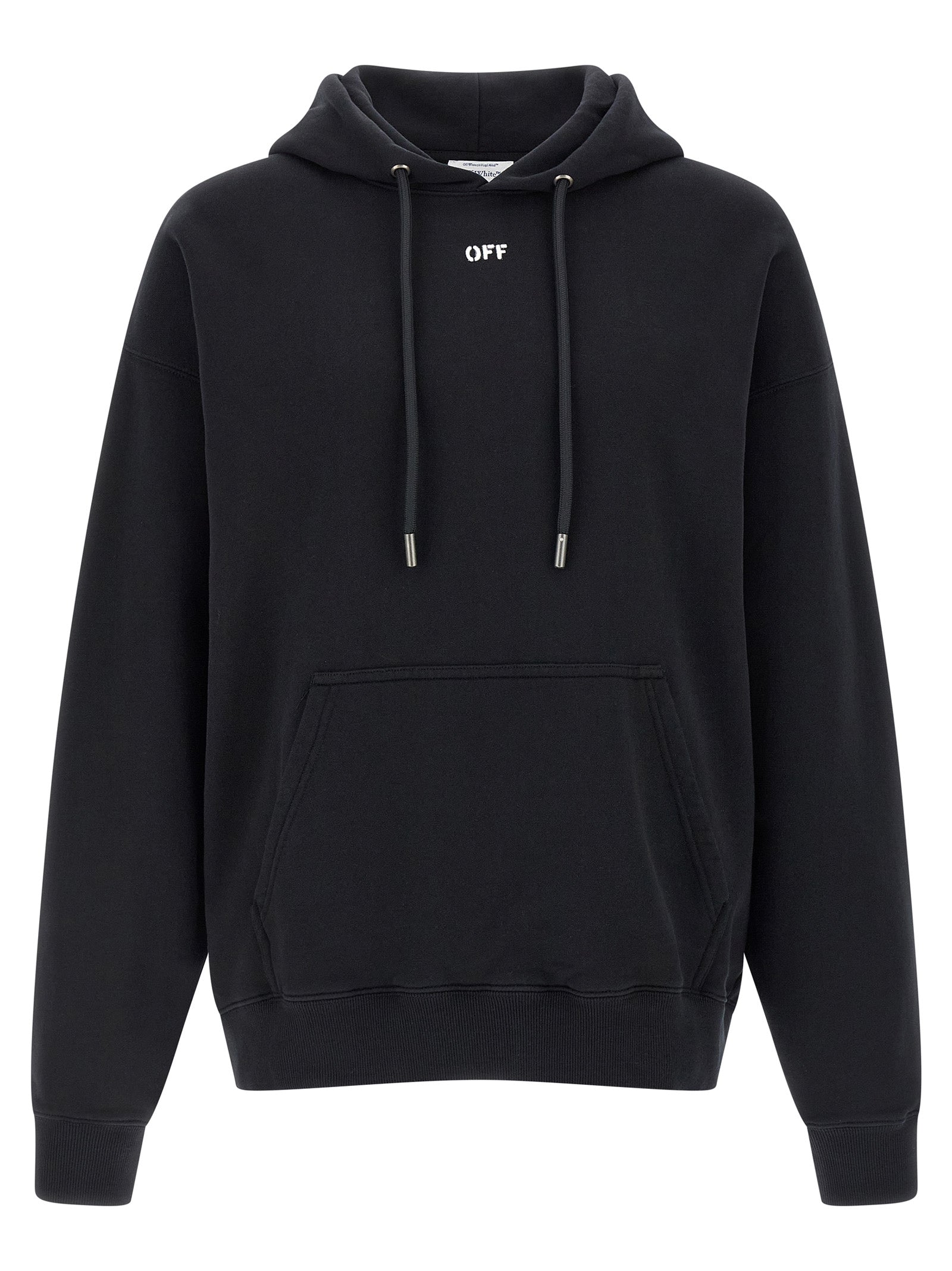 Sweatshirt Hoodie by Off-White for men in cotton black, white, signature & print features an dramatic silhouette, showcasing a sophisticated hooded neckline and dramatic long-sleeve for a refined, modern aesthetic.