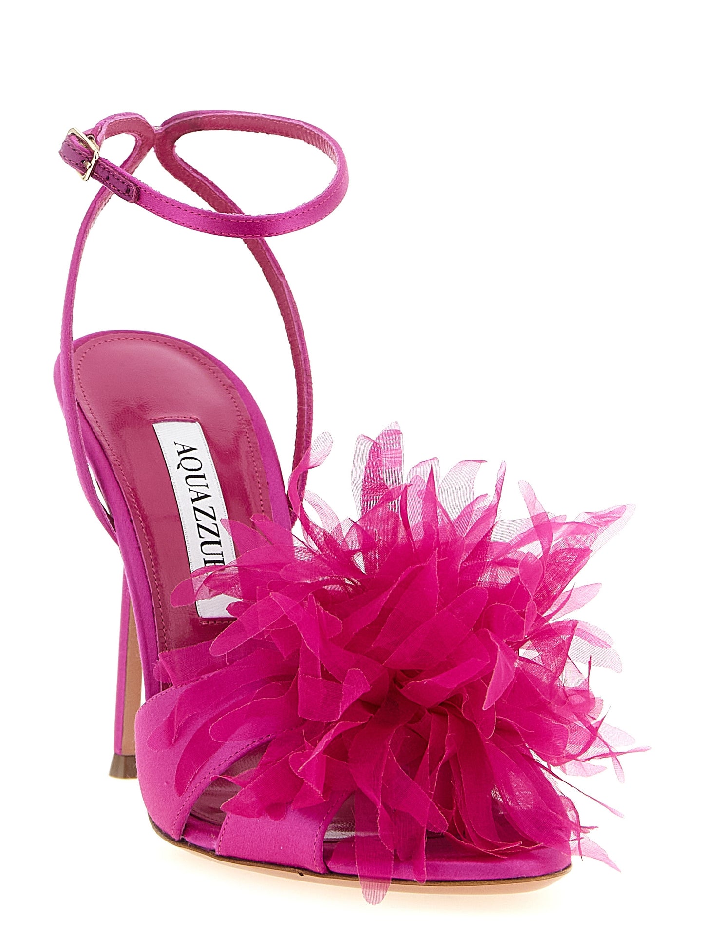 Stiletto Ankle Strap Sandals by Aquazzura for women in lamb leather fuchsia showcases a sculptural silhouette as Women's Lamb Leather Stiletto Ankle Strap Sandals, defined by a sculptural stiletto and sculptural for a sculptural look.