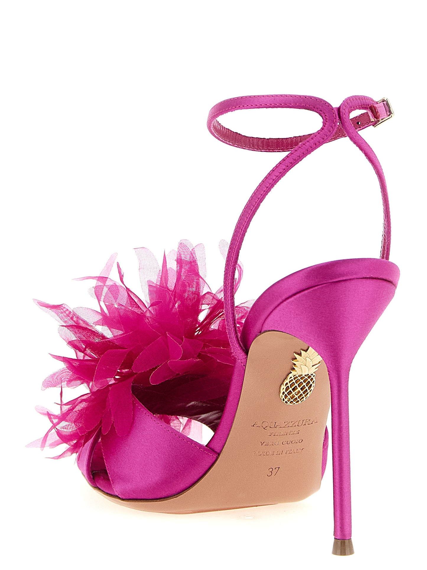 Stiletto Ankle Strap Sandals by Aquazzura for women in lamb leather fuchsia presents a sculptural silhouette, showcasing the Women's Lamb Leather Stiletto Ankle Strap Sandals design with a sculptural stiletto and for a premium look.