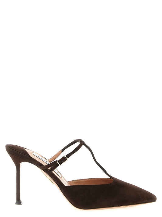 High-Heel Stiletto Mules Pumps Heels by Aquazzura for women in suede goatskin leather brown showcases a exquisite silhouette, perfectly accentuating Women's Suede Goatskin Leather High-Heel Stiletto Mules Pumps Heels with a exquisite stiletto high-heel and exquisite pointed toe style.