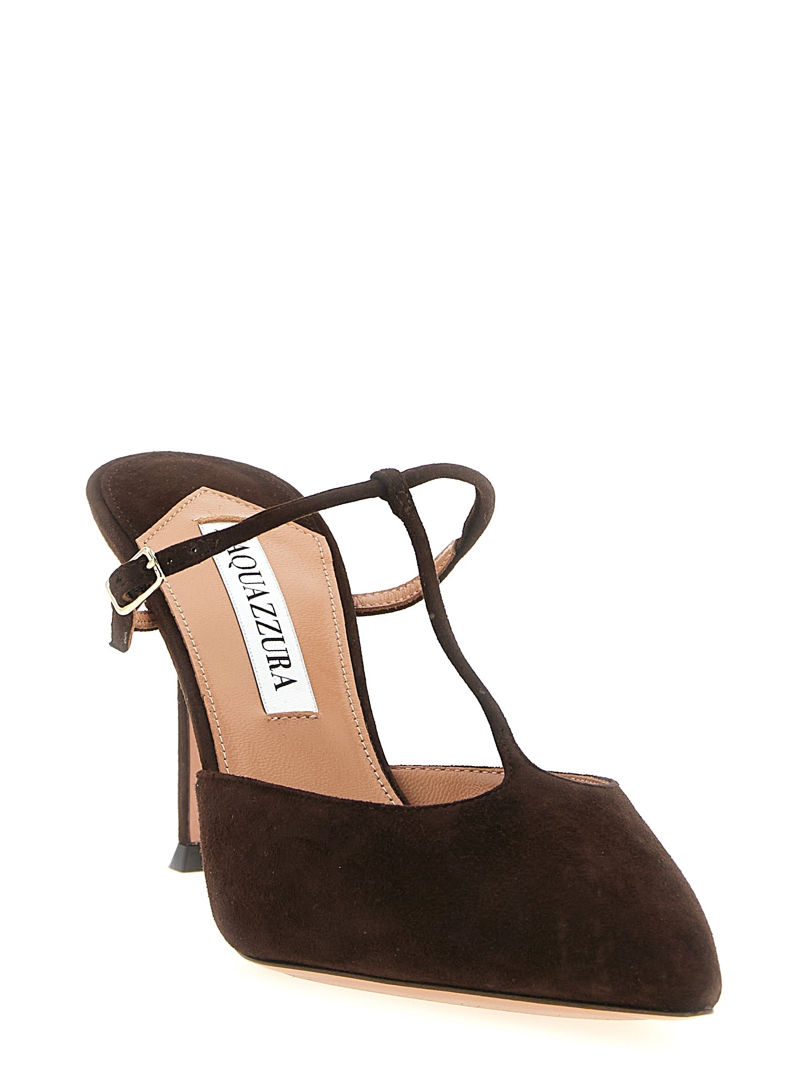 High-Heel Stiletto Mules Pumps Heels by Aquazzura for women in suede goatskin leather brown features a effortlessly chic Women's Suede Goatskin Leather High-Heel Stiletto Mules Pumps Heels design with a sophisticated stiletto high-heel and elegant pointed toe style.