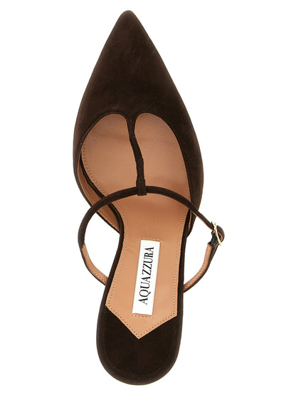 High-Heel Stiletto Mules Pumps Heels by Aquazzura for women in suede goatskin leather brown features an captivating silhouette, showcasing the elegant Women's Suede Goatskin Leather High-Heel Stiletto Mules Pumps Heels design with a stiletto high-heel and a sophisticated pointed toe style.