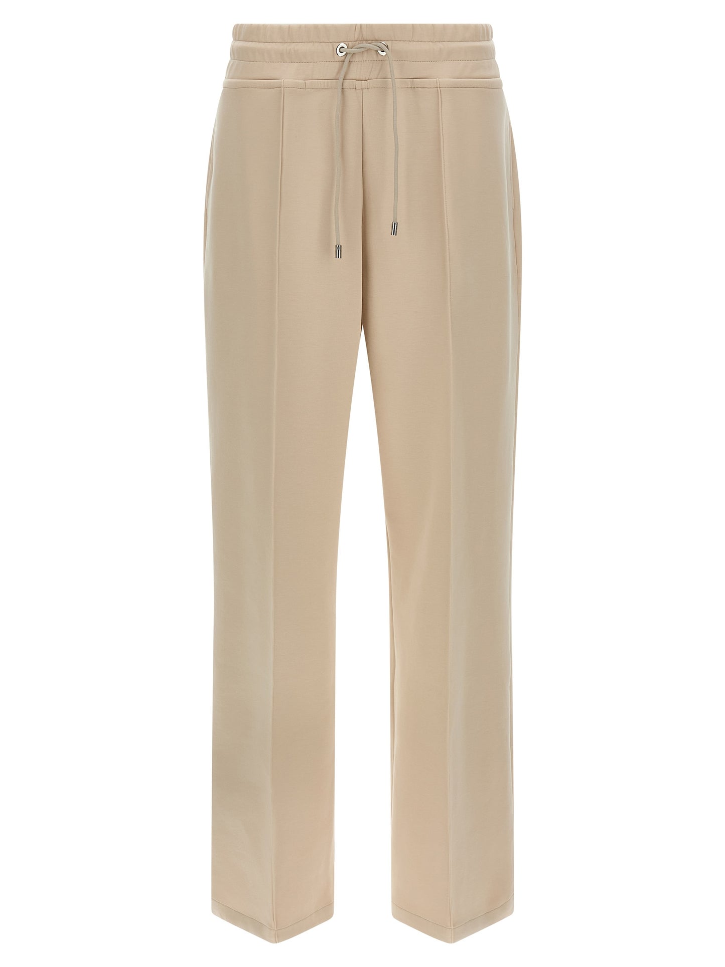 Pants by MooRER for women in stretch polyester cotton beige features an understated silhouette, showcasing a sophisticated wide and long with a refined high rise for an understated, polished aesthetic.