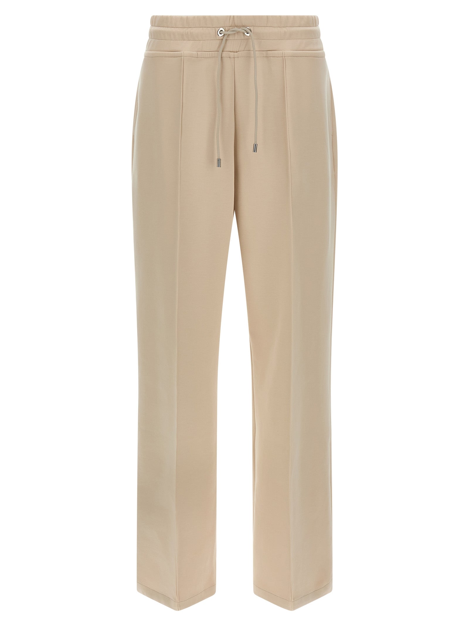 Pants by MooRER for women in stretch polyester cotton beige features an understated silhouette, showcasing a sophisticated wide and long with a refined high rise for an understated, polished aesthetic.