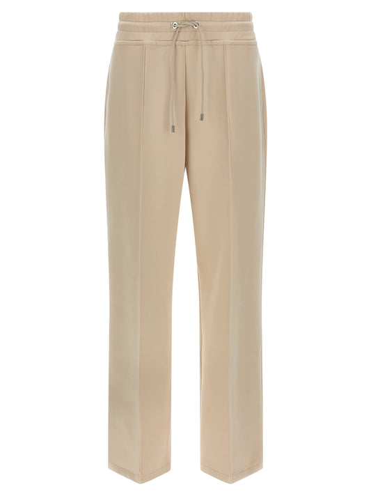 Pants by MooRER for women in stretch polyester cotton beige features an understated silhouette, showcasing a sophisticated wide and long with a refined high rise for an understated, polished aesthetic.
