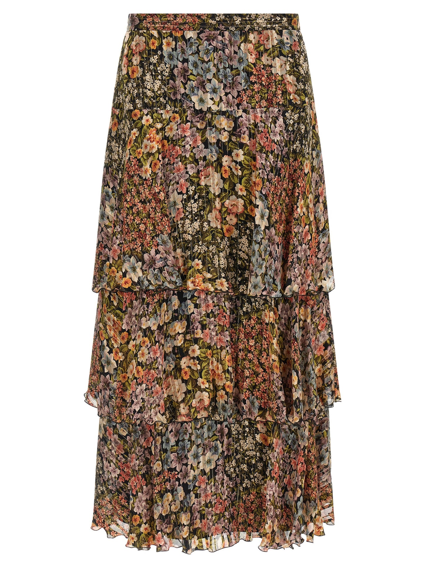 Skirt by Valentino Garavani for women in metallized fiber & silk multicolor, transparent & print showcases a sultry silhouette, elegantly defined by its midi and the sophisticated sultry design of the Women's Asymmetrical Metallized Fiber & Silk Midi Skirt.