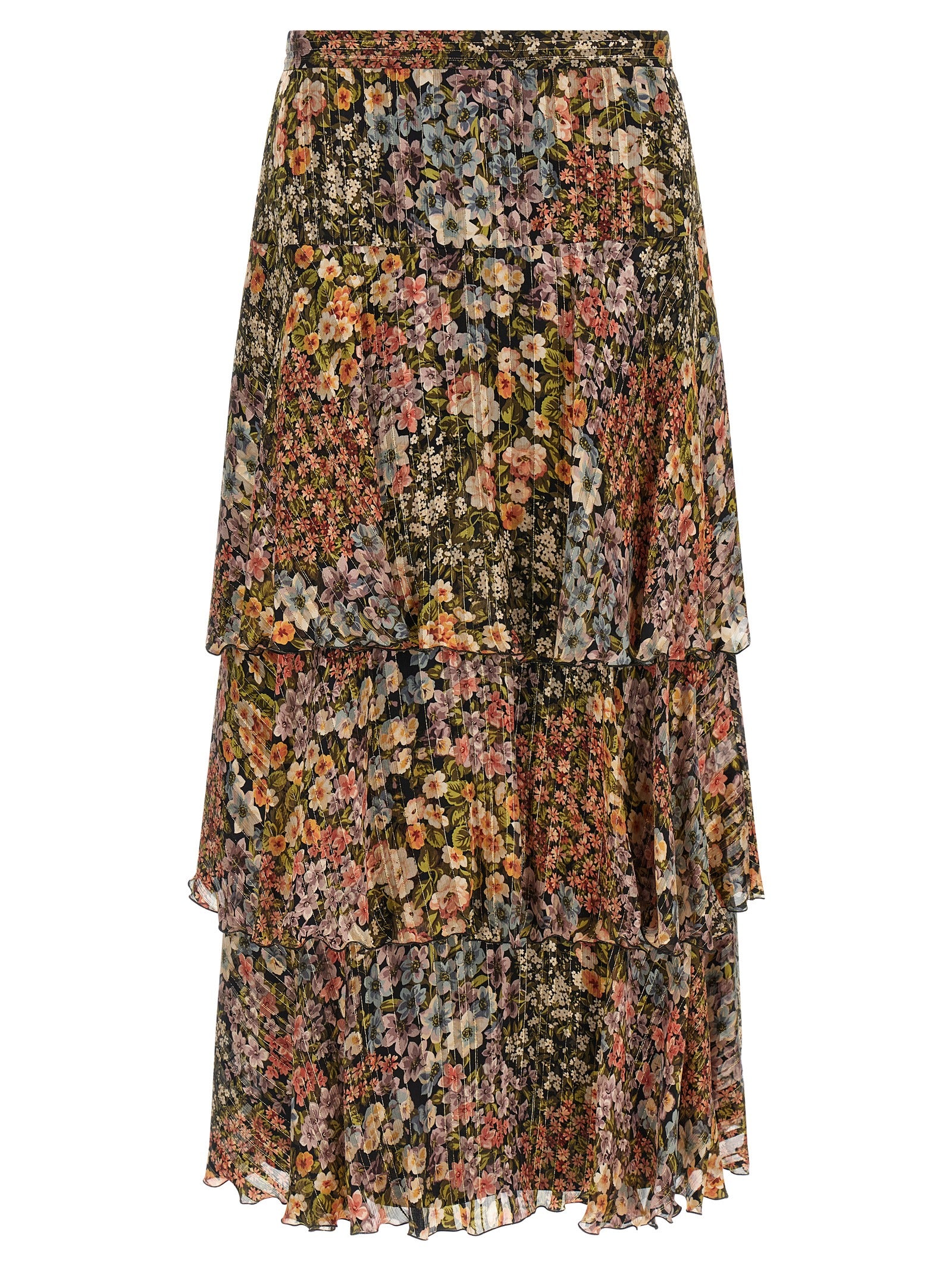 Skirt by Valentino Garavani for women in metallized fiber & silk multicolor, transparent & print showcases a sultry silhouette, elegantly defined by its midi and the sophisticated sultry design of the Women's Asymmetrical Metallized Fiber & Silk Midi Skirt.