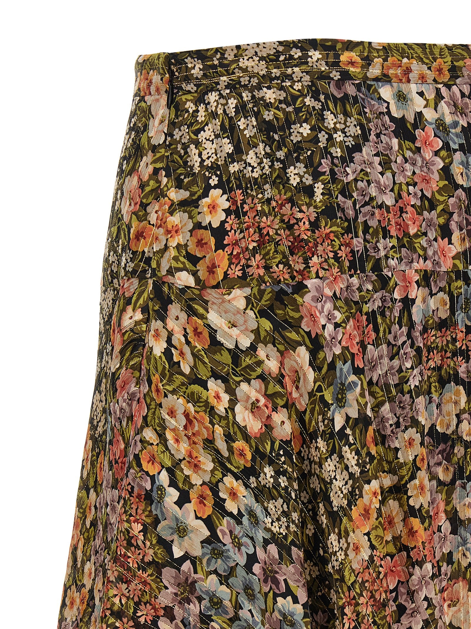 Skirt by Valentino Garavani for women in metallized fiber & silk multicolor, transparent & print showcases a dramatic silhouette, artfully capturing the essence of the Women's Asymmetrical Metallized Fiber & Silk Midi Skirt in a dramatic midi cut for a refined look.
