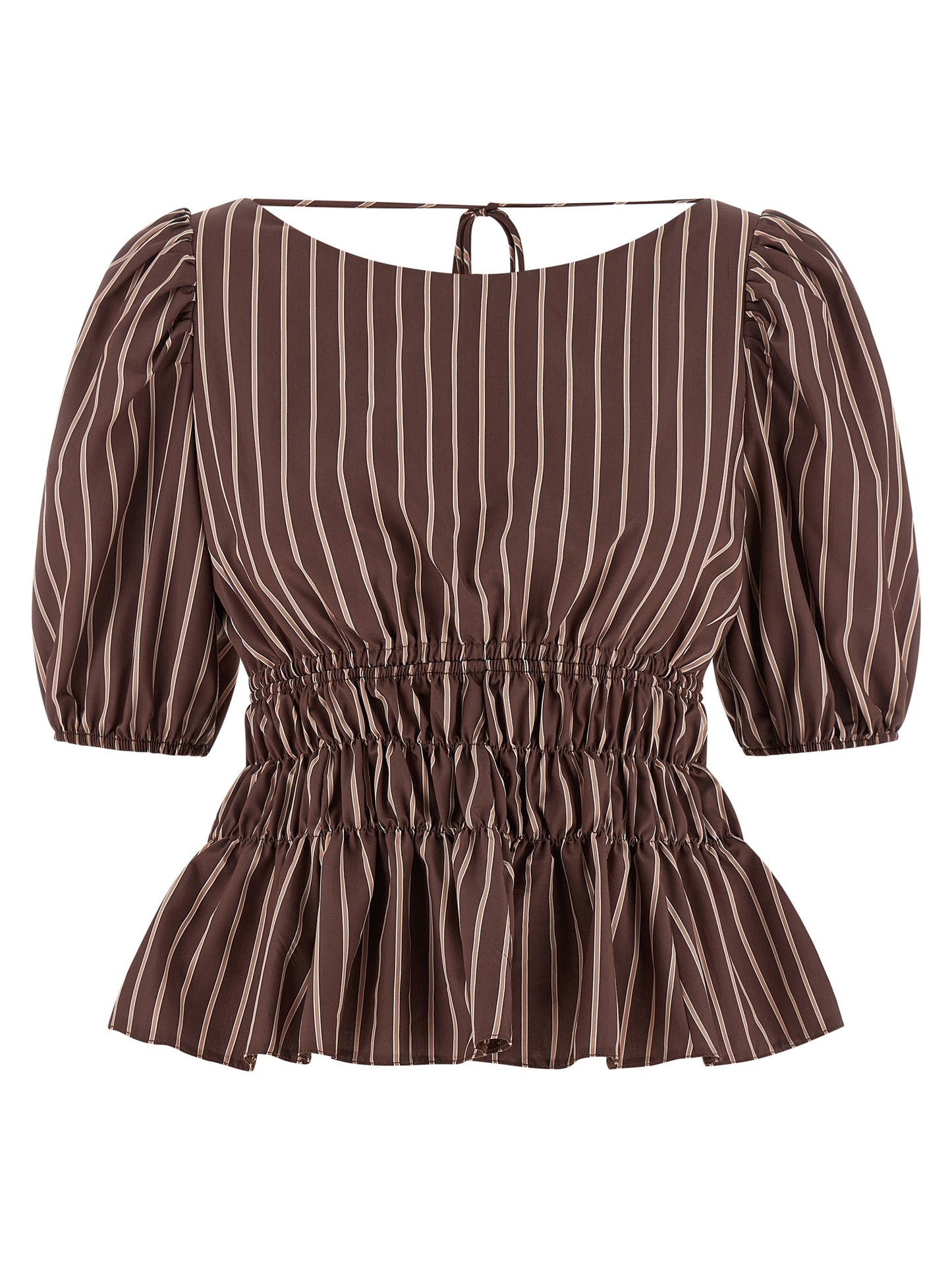 Shirt by PINKO for women in viscose & polyamide brown, patterned & striped features an architectural silhouette with a refined and elegant boat neckline for a architectural look.