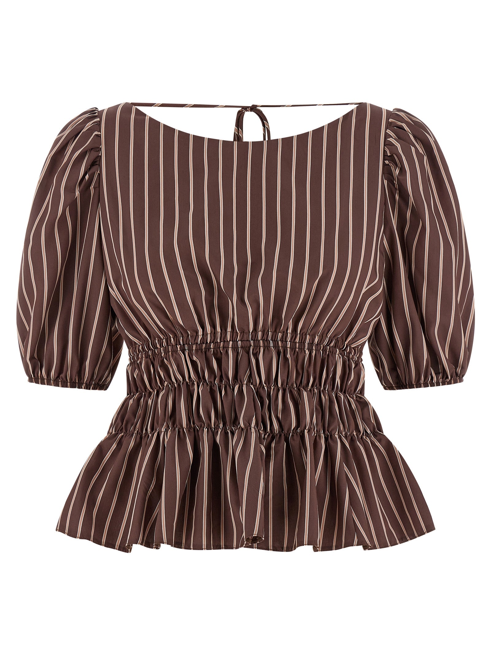 Shirt by PINKO for women in viscose & polyamide brown, patterned & striped features an architectural silhouette with a refined and elegant boat neckline for a architectural look.
