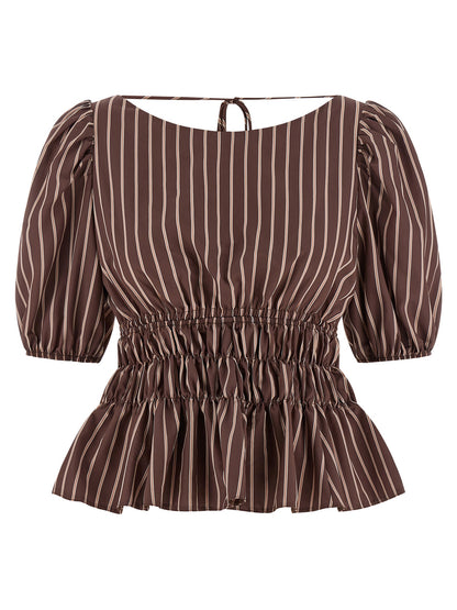 Shirt by PINKO for women in viscose & polyamide brown, patterned & striped features an architectural silhouette with a refined and elegant boat neckline for a architectural look.