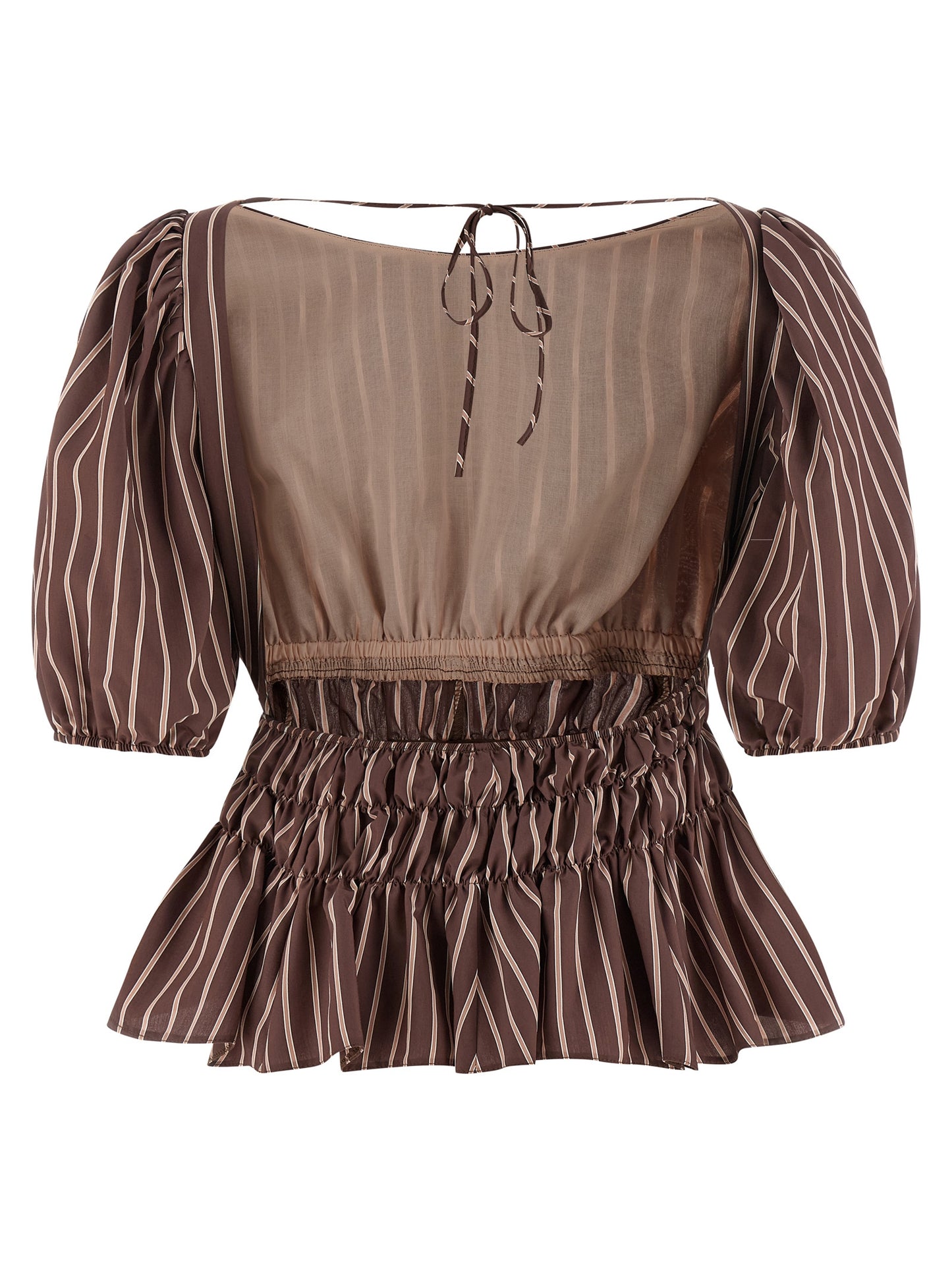 Shirt by PINKO for women in viscose & polyamide brown, patterned & striped features an polished silhouette, showcasing a sophisticated boat neckline and detail for a truly polished finish.
