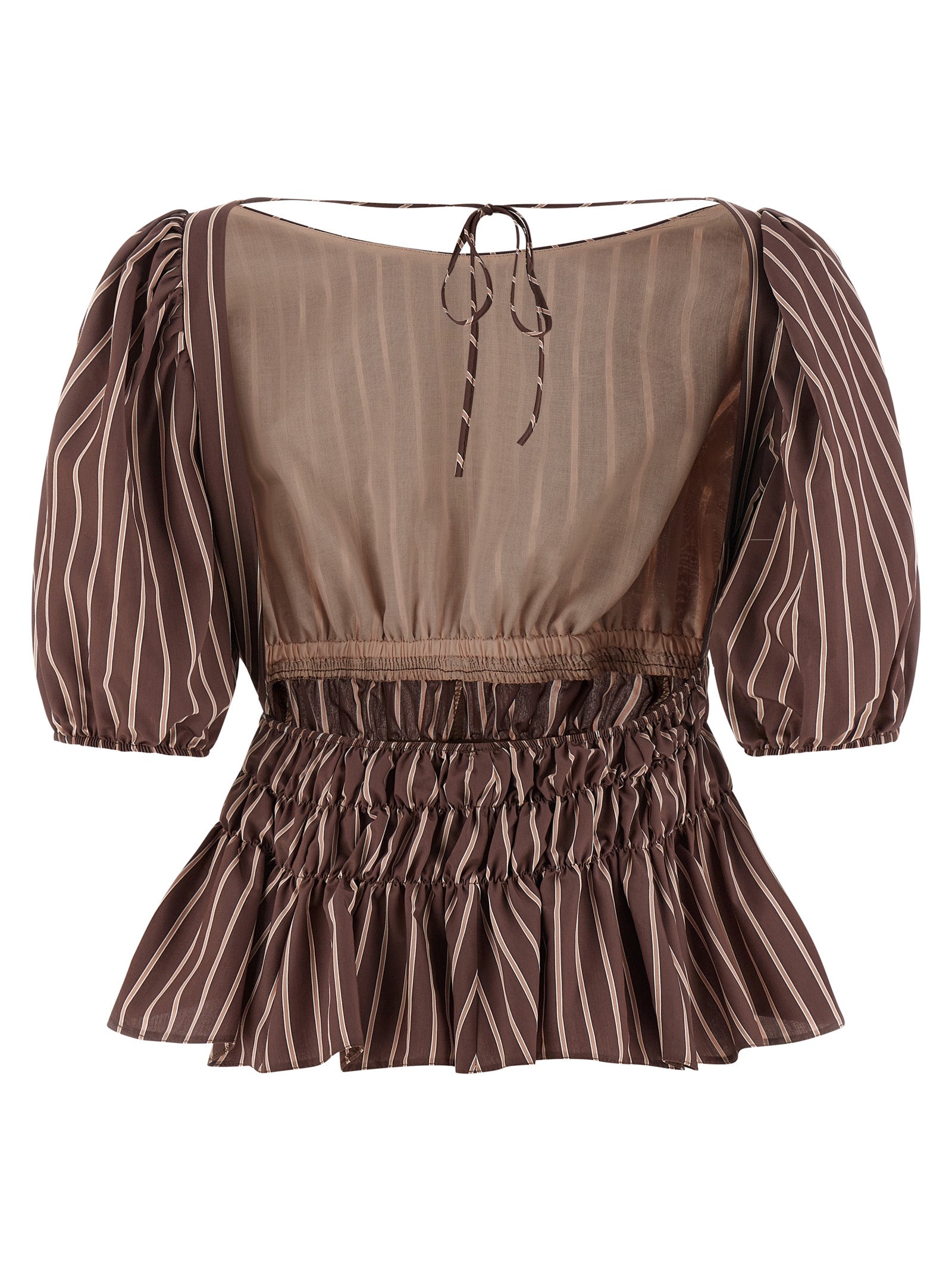 Shirt by PINKO for women in viscose & polyamide brown, patterned & striped features an polished silhouette, showcasing a sophisticated boat neckline and detail for a truly polished finish.