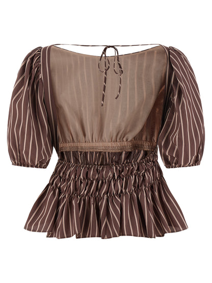 Shirt by PINKO for women in viscose & polyamide brown, patterned & striped features an polished silhouette, showcasing a sophisticated boat neckline and detail for a truly polished finish.