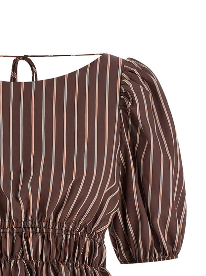 Shirt by PINKO for women in viscose & polyamide brown, patterned & striped presents a discerning silhouette, showcasing a sophisticated boat neckline and for a truly discerning finish.