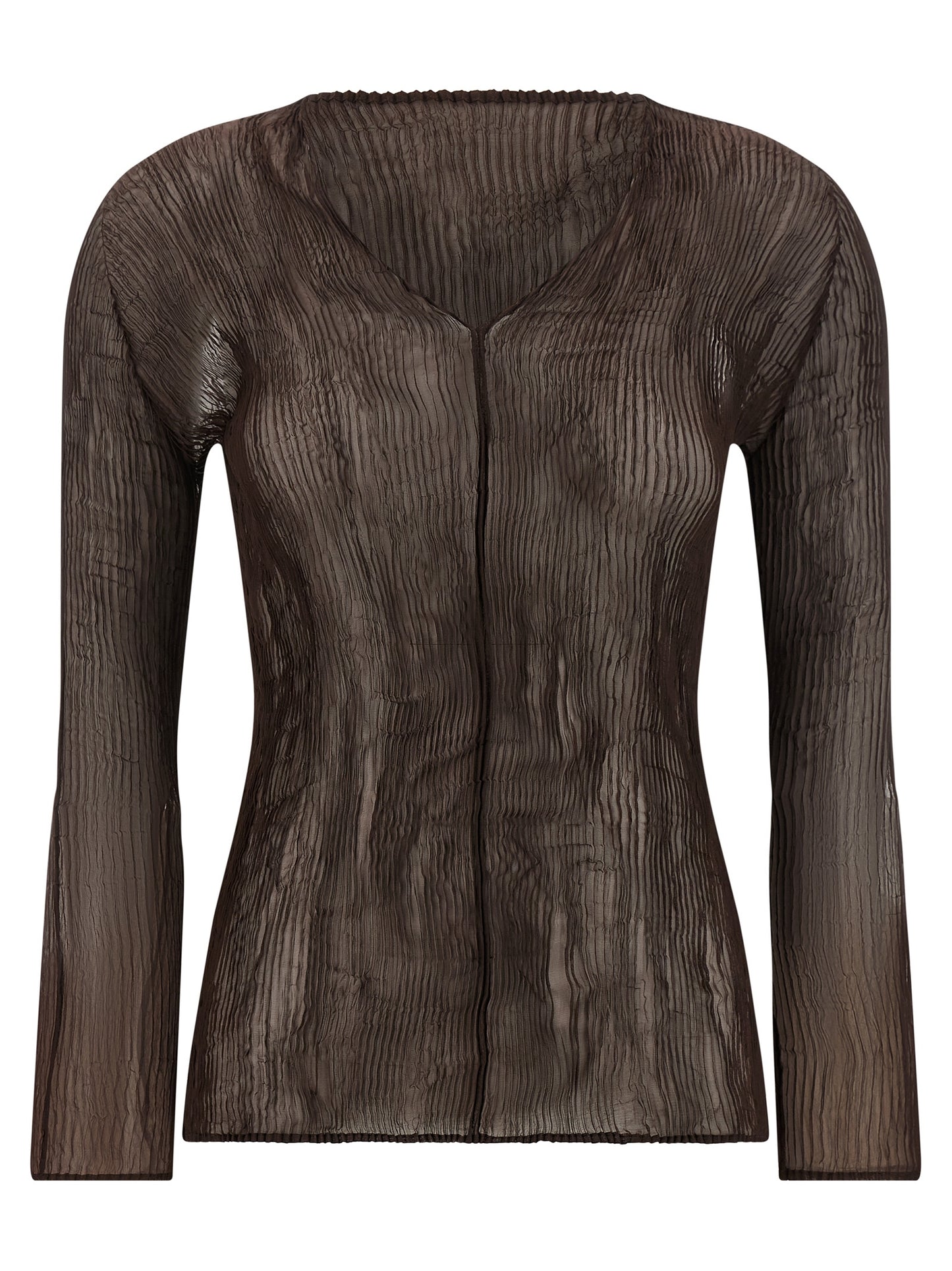 Issey Miyake Women's Long-Sleeve V Neck Polyester Chiffon Blouse - Brown Transparent