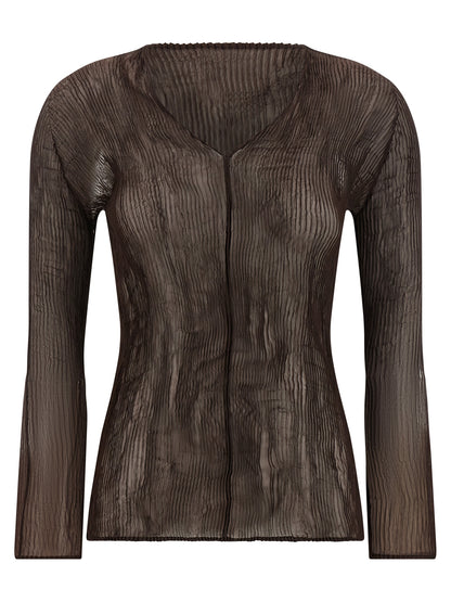 Issey Miyake Women's Long-Sleeve V Neck Polyester Chiffon Blouse - Brown Transparent