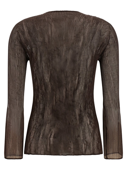 Issey Miyake Women's Long-Sleeve V Neck Polyester Chiffon Blouse - Brown Transparent