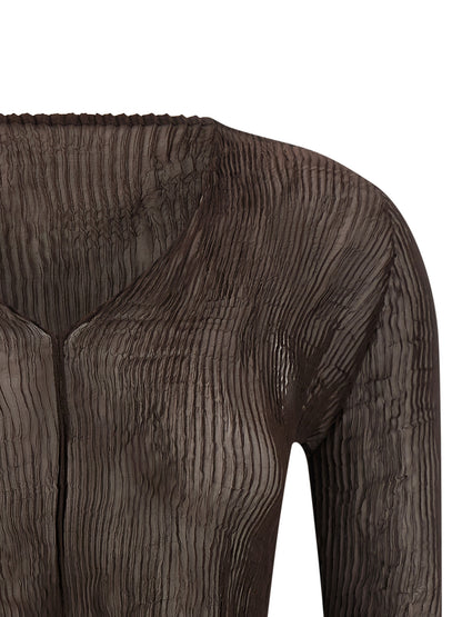Issey Miyake Women's Long-Sleeve V Neck Polyester Chiffon Blouse - Brown Transparent