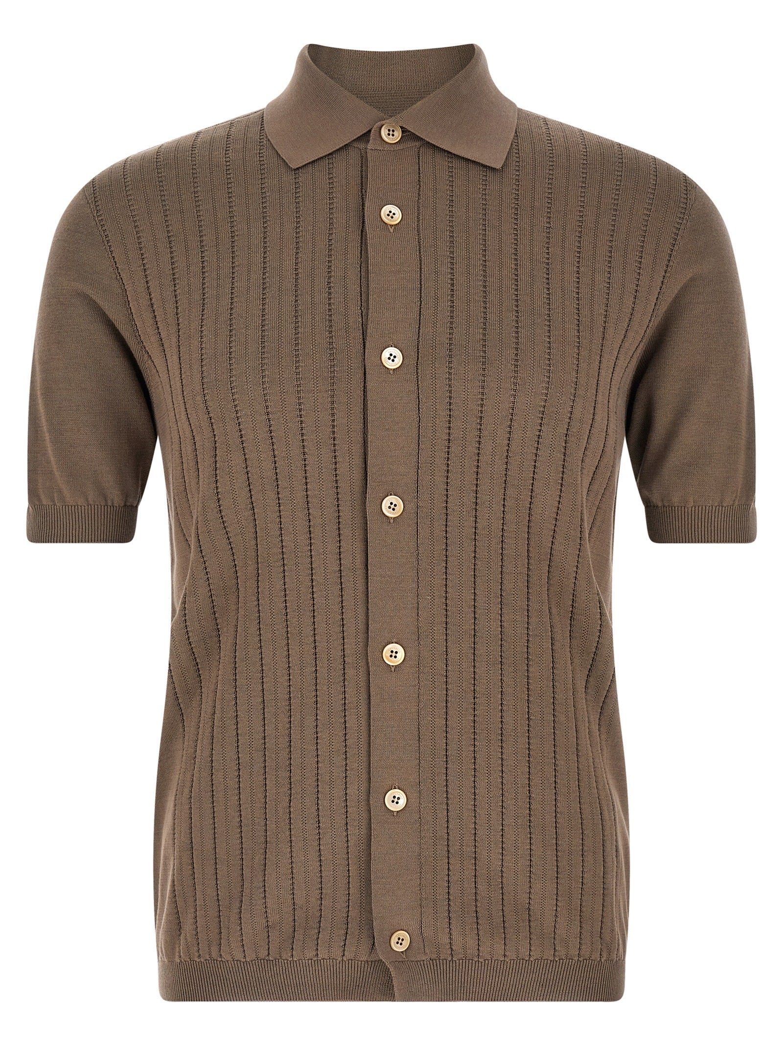Shirt by Brunello Cucinelli for men in cotton brown & pearl showcases a sleek silhouette, elegantly detailed with a sleek and for a sleek finish.