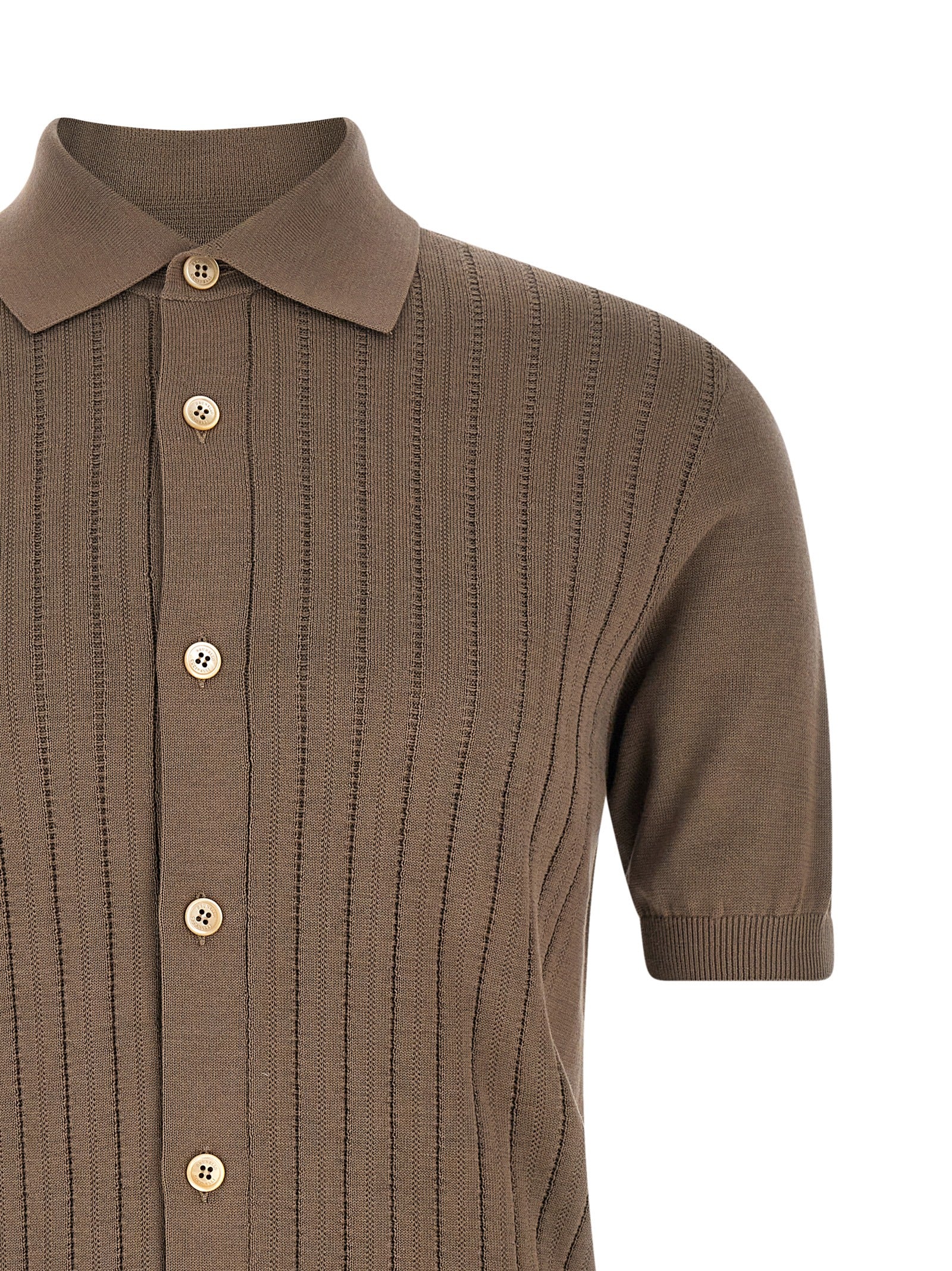 Shirt by Brunello Cucinelli for men in cotton brown & pearl showcases a sharp silhouette, elegantly detailed with a sharp and sharp .