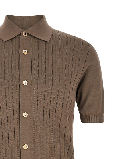 Shirt by Brunello Cucinelli for men in cotton brown & pearl showcases a sharp silhouette, elegantly detailed with a sharp and sharp .