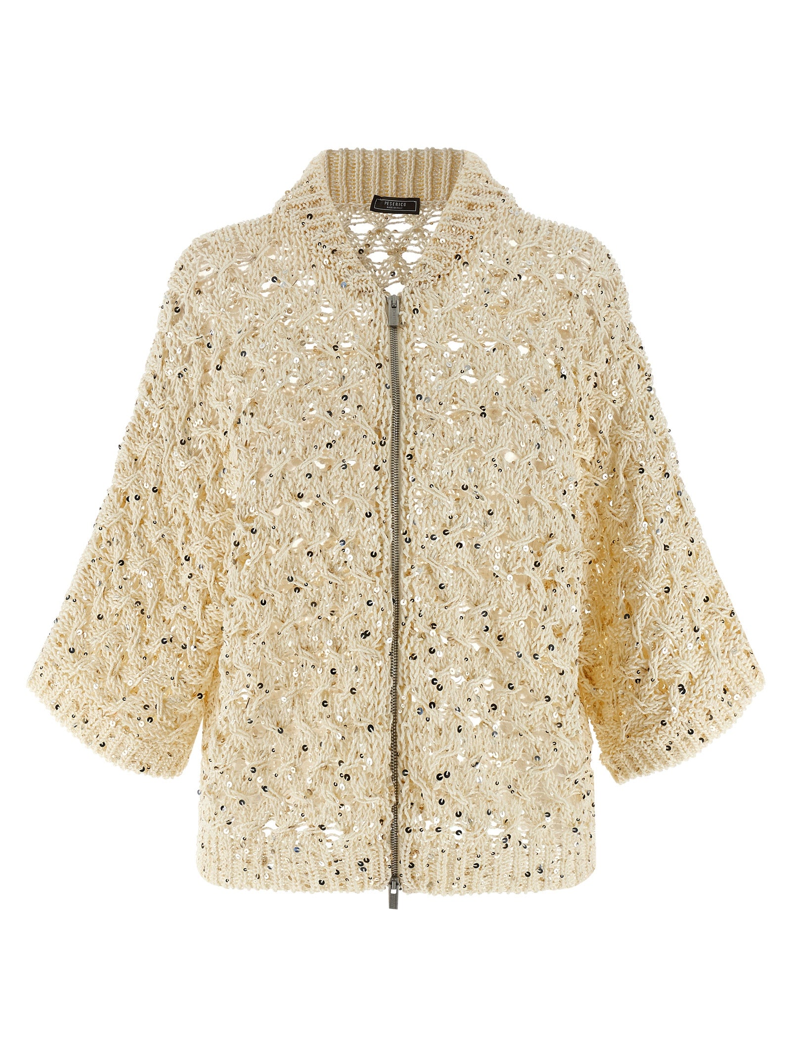 Cardigan by Peserico for women in plush cotton & sequins beige features an impeccable silhouette, showcasing a sophisticated crew neckline and short-sleeve detail for a truly impeccable finish.