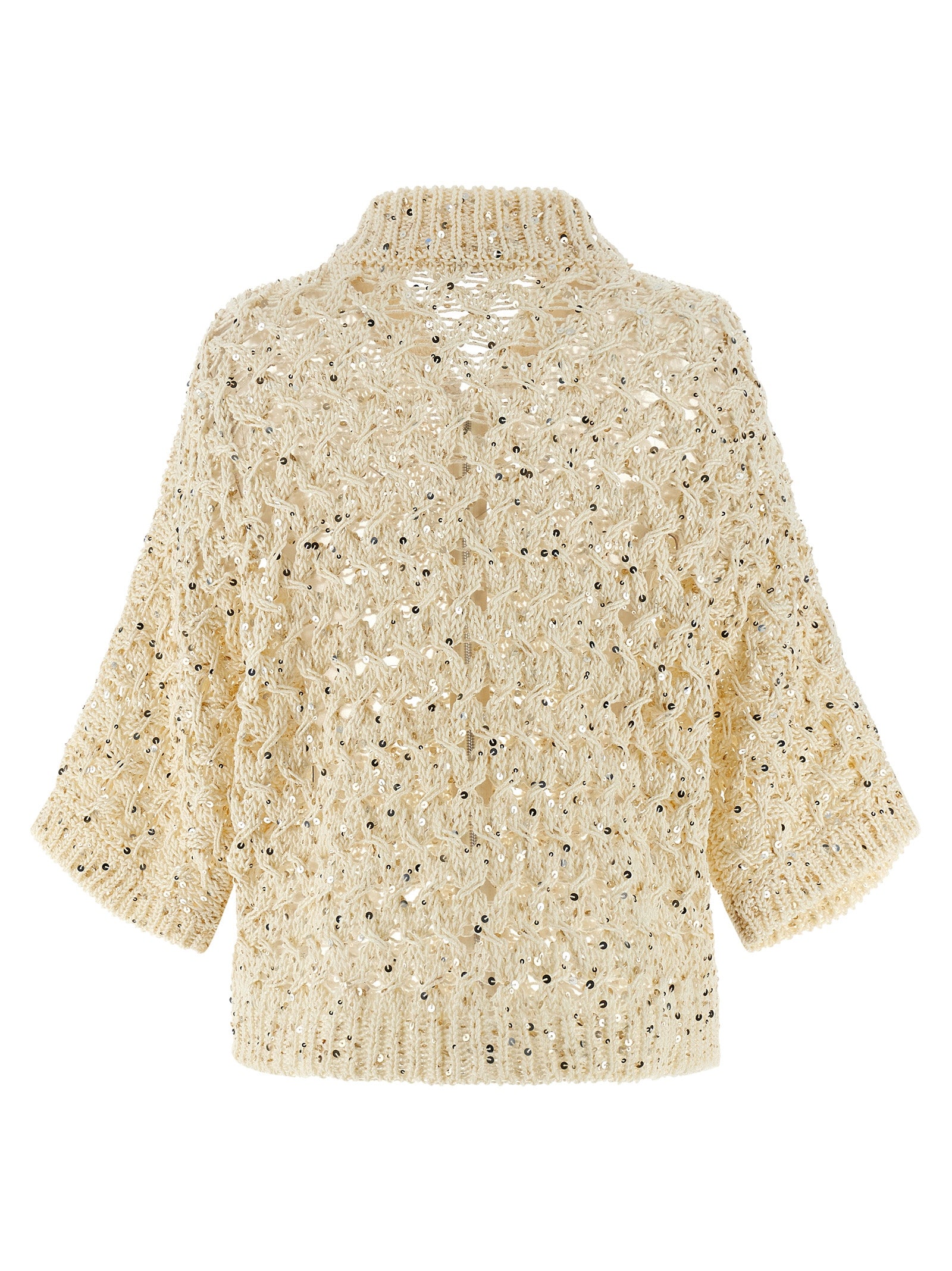 Cardigan by Peserico for women in plush cotton & sequins beige presents a textural silhouette, artfully finished with a textural crew neckline and for a sophisticated, textural look.