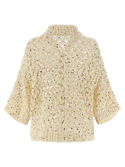 Cardigan by Peserico for women in plush cotton & sequins beige presents a textural silhouette, artfully finished with a textural crew neckline and for a sophisticated, textural look.
