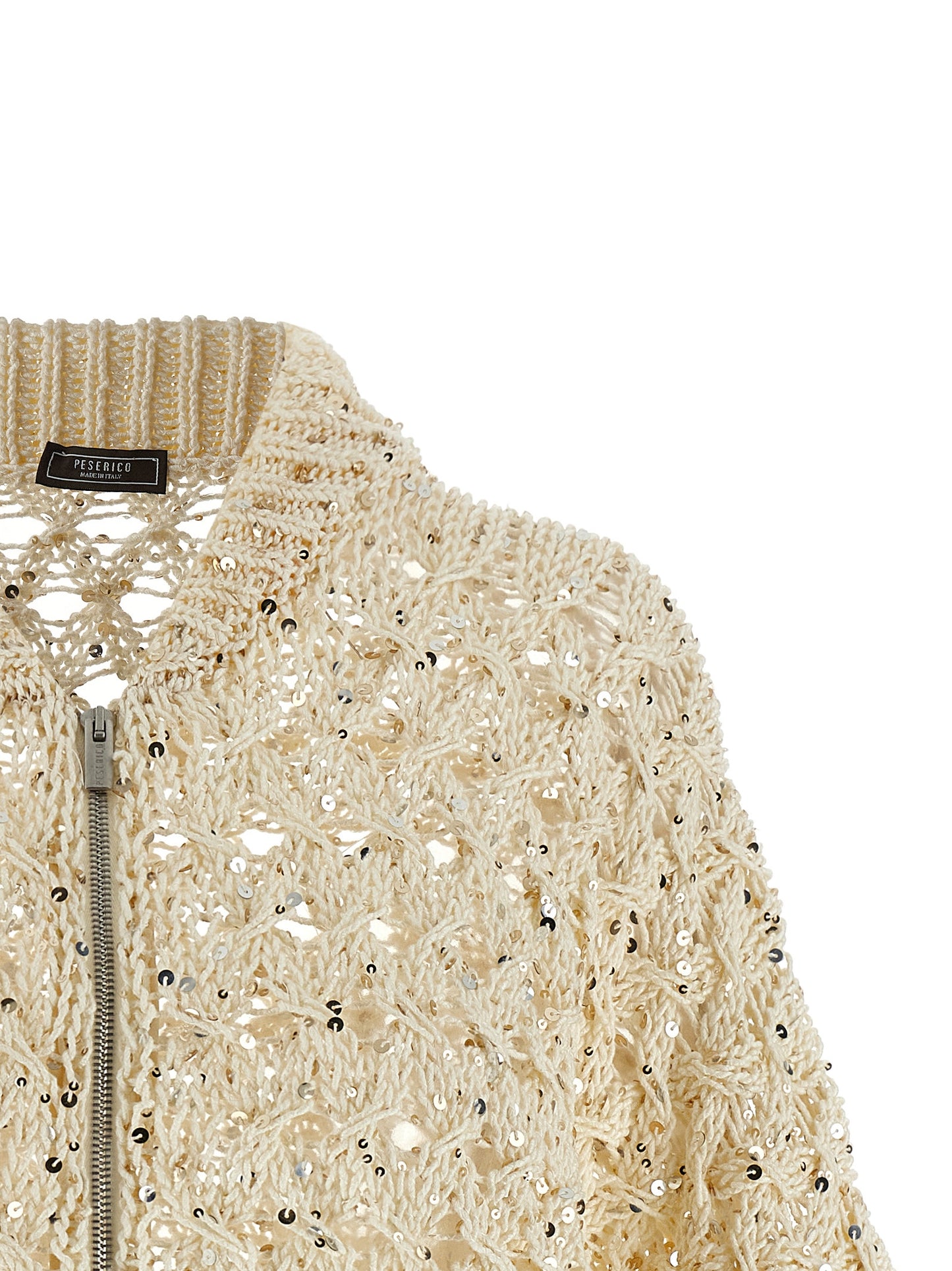 Cardigan by Peserico for women in plush cotton & sequins beige showcases a captivating silhouette, artfully detailed with a captivating and crew neckline for a truly sophisticated captivating look.