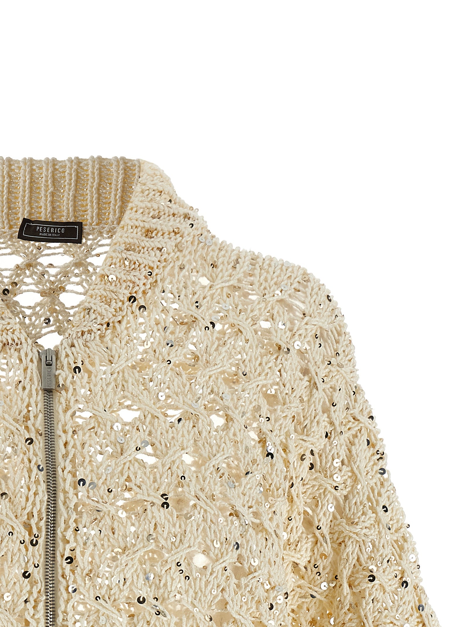 Cardigan by Peserico for women in plush cotton & sequins beige showcases a captivating silhouette, artfully detailed with a captivating and crew neckline for a truly sophisticated captivating look.