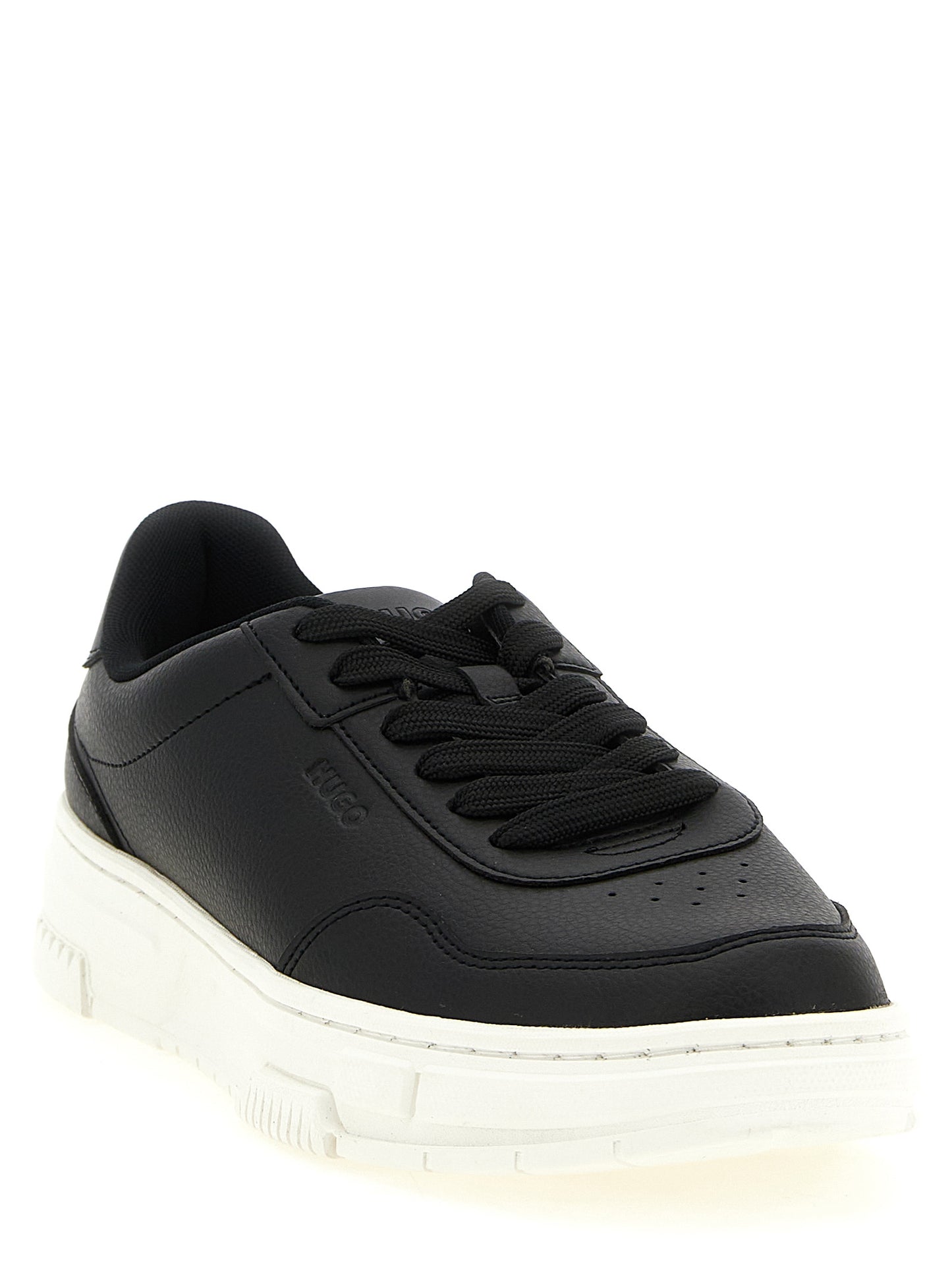 Sneakers by Hugo Boss for men in polyester faux leather black presents a sumptuous silhouette, artfully capturing the essence of the Men's Low Top Polyester Faux Leather Sneakers with its sumptuous low-top style design.