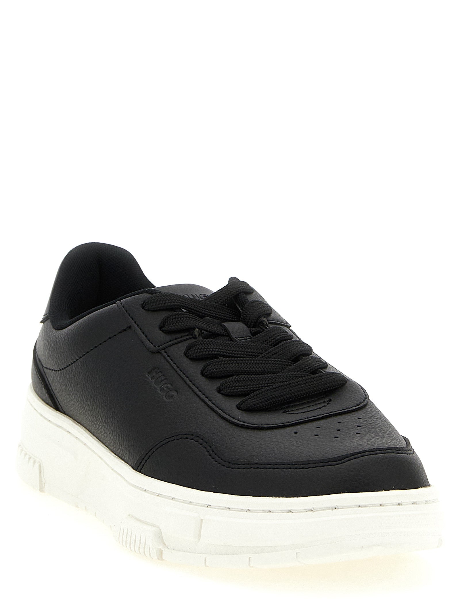 Sneakers by Hugo Boss for men in polyester faux leather black presents a sumptuous silhouette, artfully capturing the essence of the Men's Low Top Polyester Faux Leather Sneakers with its sumptuous low-top style design.