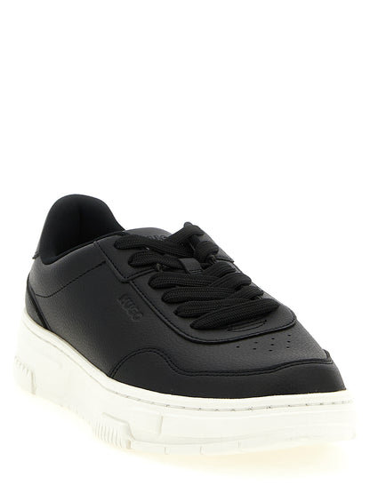 Sneakers by Hugo Boss for men in polyester faux leather black presents a sumptuous silhouette, artfully capturing the essence of the Men's Low Top Polyester Faux Leather Sneakers with its sumptuous low-top style design.