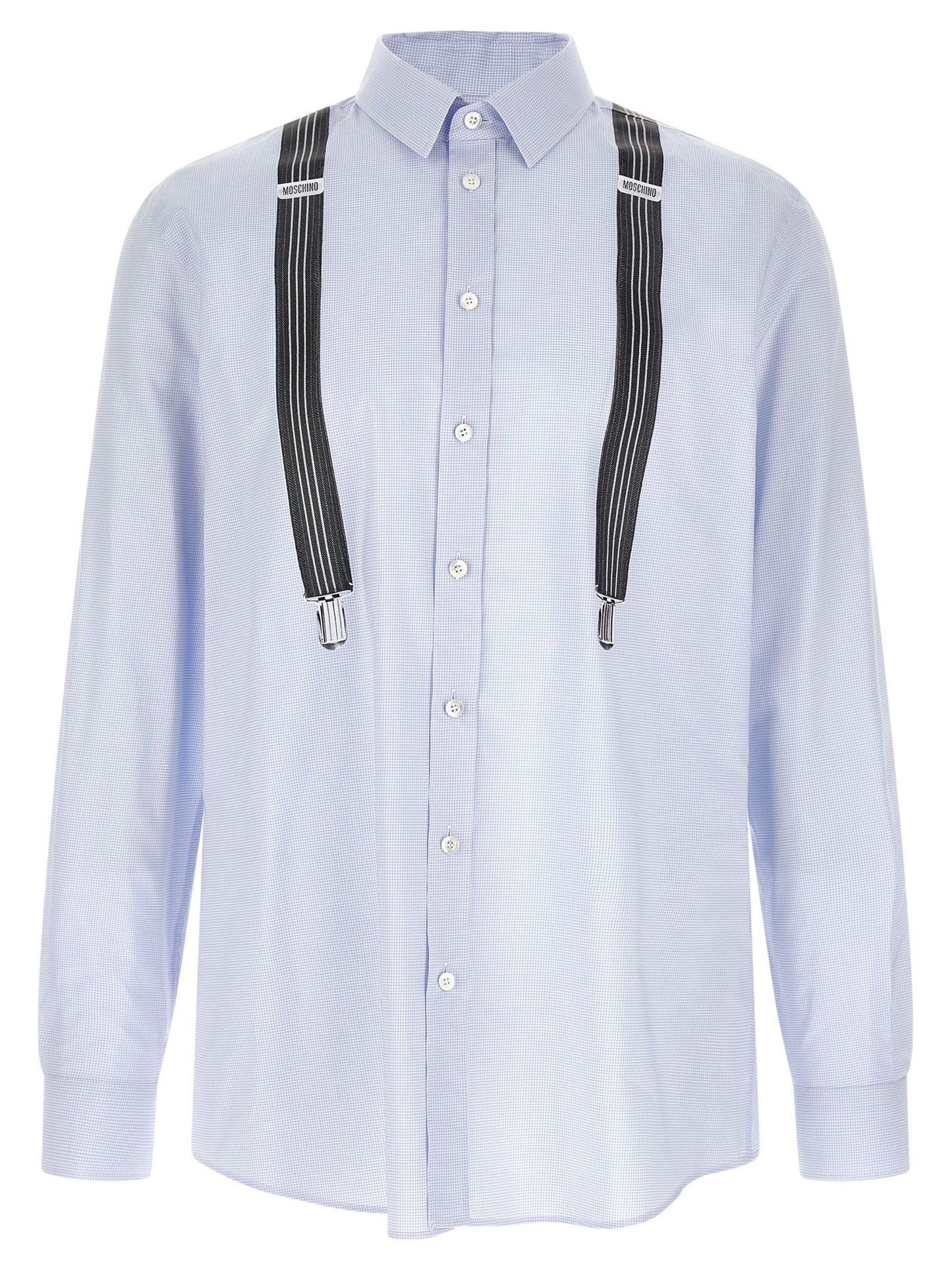 Shirt by Moschino for men in cotton light-blue & print features an polished silhouette, showcasing a sophisticated and detail for a truly polished finish.