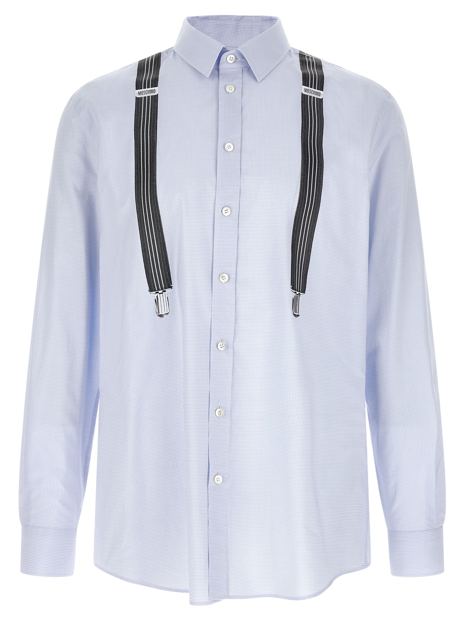 Shirt by Moschino for men in cotton light-blue & print features an polished silhouette, showcasing a sophisticated and detail for a truly polished finish.